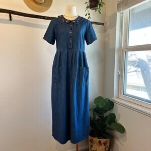 Vintage Denim Cotton Floral Embroidered Collared Short Sleeve Dress Size Small